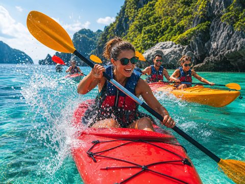Kayakers paddling through turquoise water